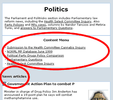 News index page showing location of contents menu